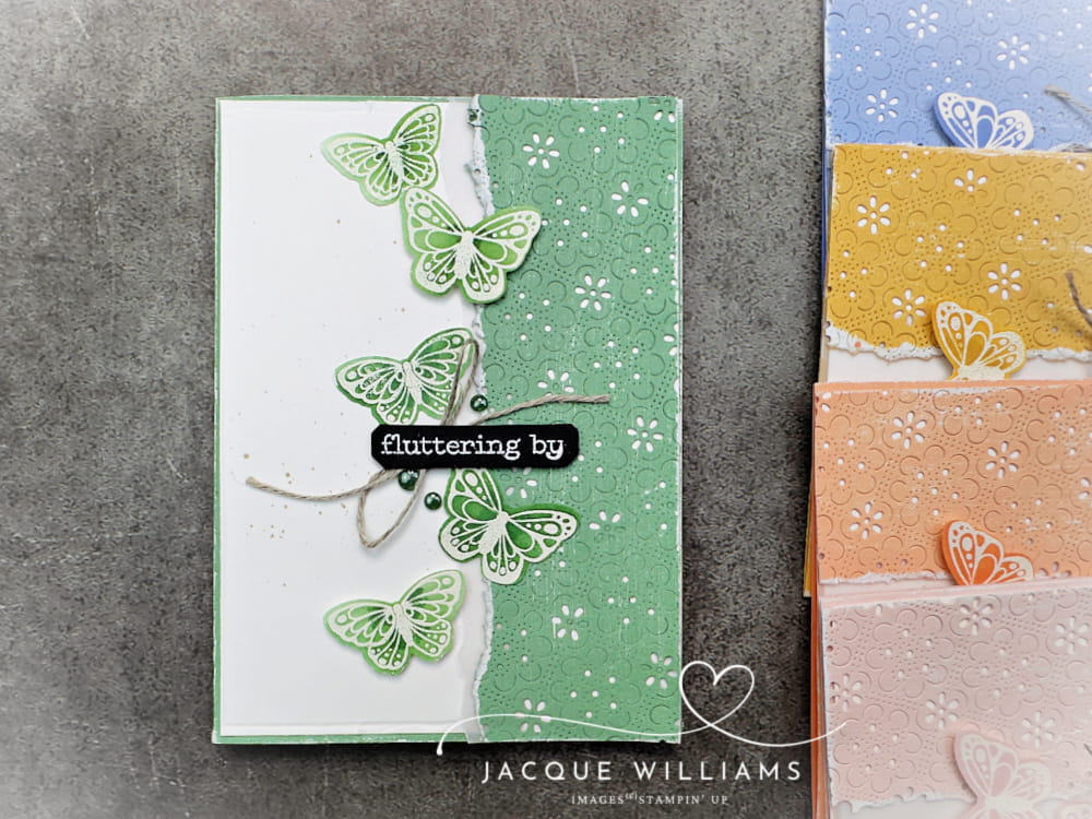 2026 Stampin' Up In Colors with the new All Aflutter Punch and Stamp Bundle.  Barely Blush, Hydrangea Hue, Peaceful Pine, Golden Glow, and Crisp Cantaloupe.  