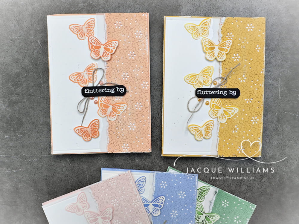 2026 Stampin' Up In Colors with the new All Aflutter Punch and Stamp Bundle.  Barely Blush, Hydrangea Hue, Peaceful Pine, Golden Glow, and Crisp Cantaloupe.  