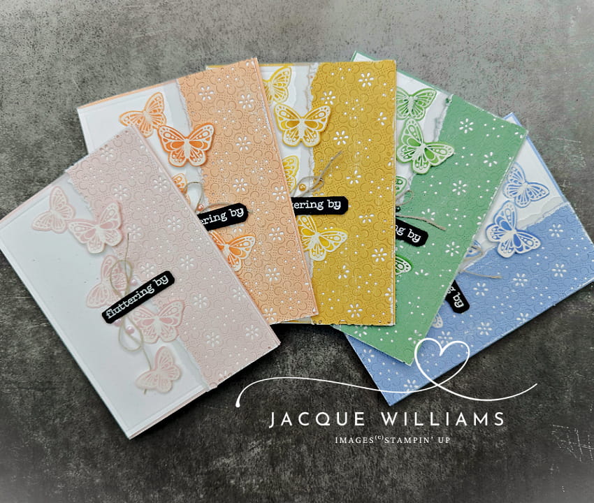2026 Stampin' Up In Colors with the new All Aflutter Punch and Stamp Bundle.  Barely Blush, Hydrangea Hue, Peaceful Pine, Golden Glow, and Crisp Cantaloupe.  
