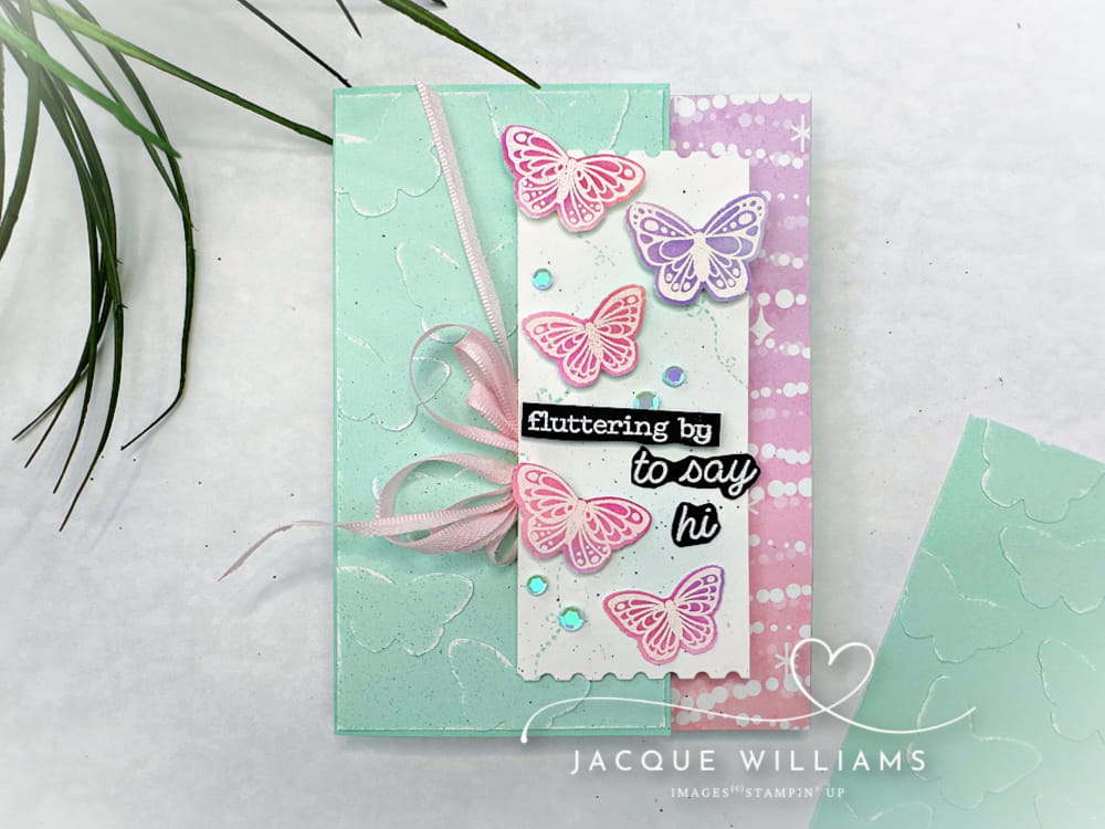 Try this easy faux embossing idea to get even more use from your punches and dies!  Stampin' Up! All Aflutter with Jacque Williams. Join me for classes online and in New Zealand.