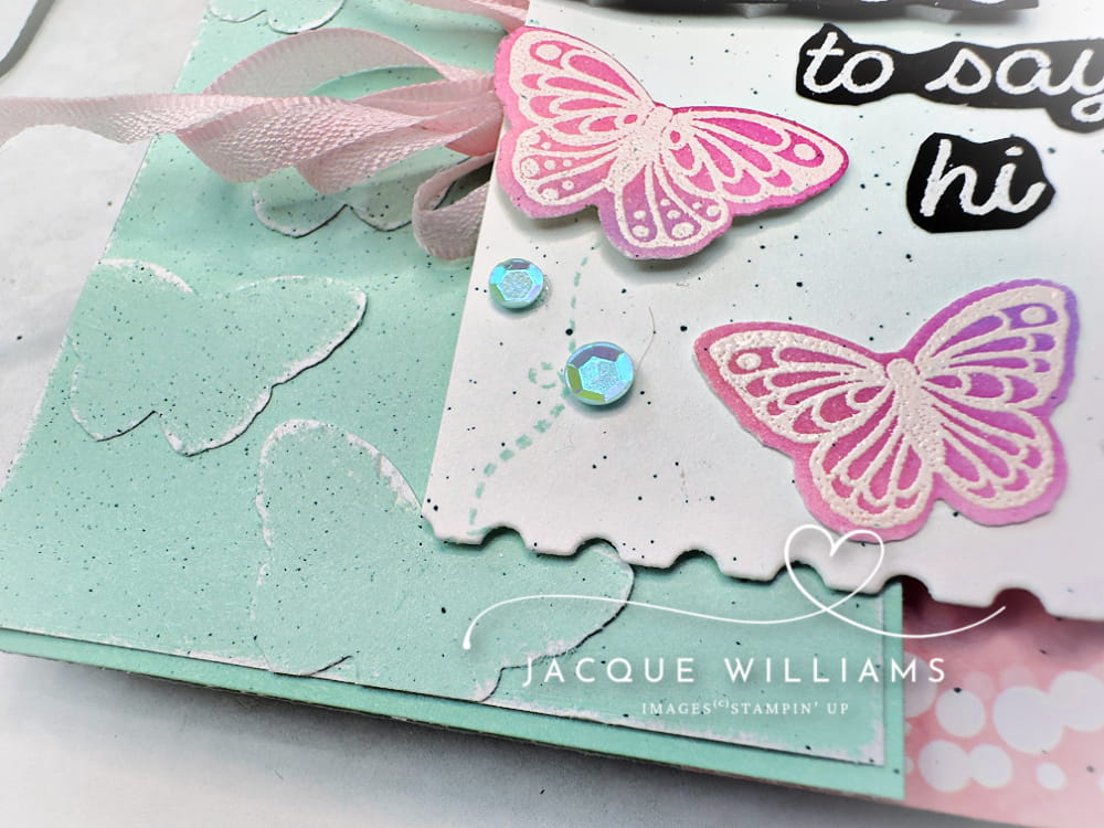 Try this easy faux embossing idea to get even more use from your punches and dies!  Stampin' Up! All Aflutter with Jacque Williams. Join me for classes online and in New Zealand.
