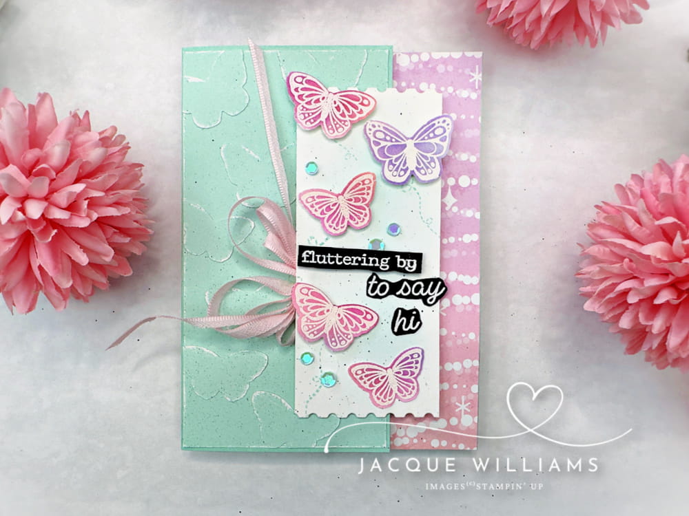 Try this easy faux embossing idea to get even more use from your punches and dies!  Stampin' Up! All Aflutter with Jacque Williams. Join me for classes online and in New Zealand.
