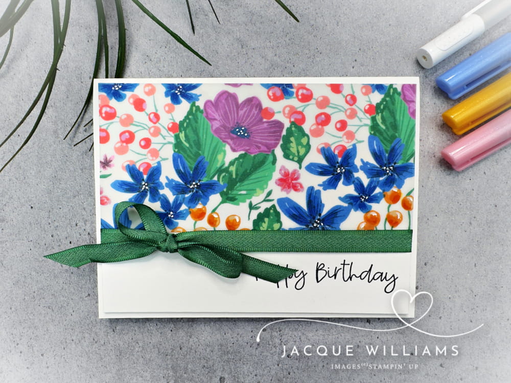 Enhance printed vellum to make it unique and really shine!  Featuring the Stampin' Up! Berry Botanical vellum with Jacque Williams in New Zealand.  Classes in Auckland, Tauranga, Hamilton, Whangarei, and Nelson