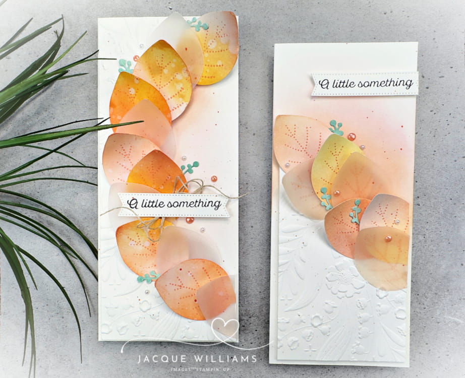 Create a show-stopping autumn card with the Simply Leaves stamp and punch set by Stampin' Up!  Elegant Slimline Card - classes online and in New Zealand in Hamilton, Tauranga, Nelson, Auckland, and Whangarei