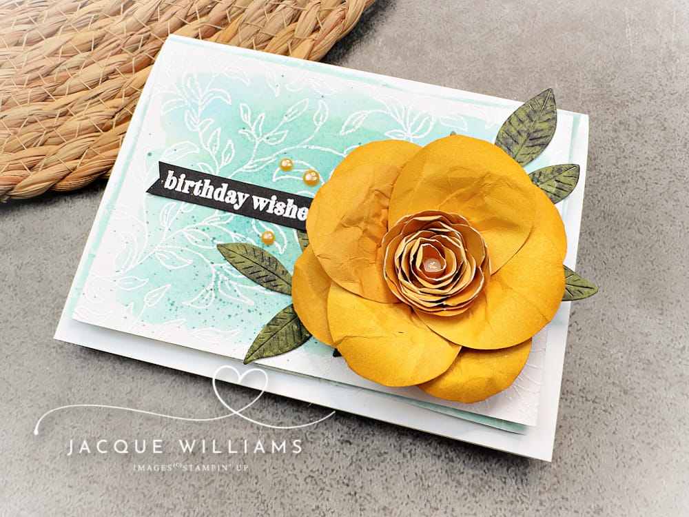 Make a paper rose with the Simple Leaf Punch and a scalloped circle!  Everyday paper crafting tips for you with Jacque Williams in Auckland, Tauranga, Hamilton, Whangarei, and Nelson.  Paired with the Sweet Foliage stamp by Stampin' Up!