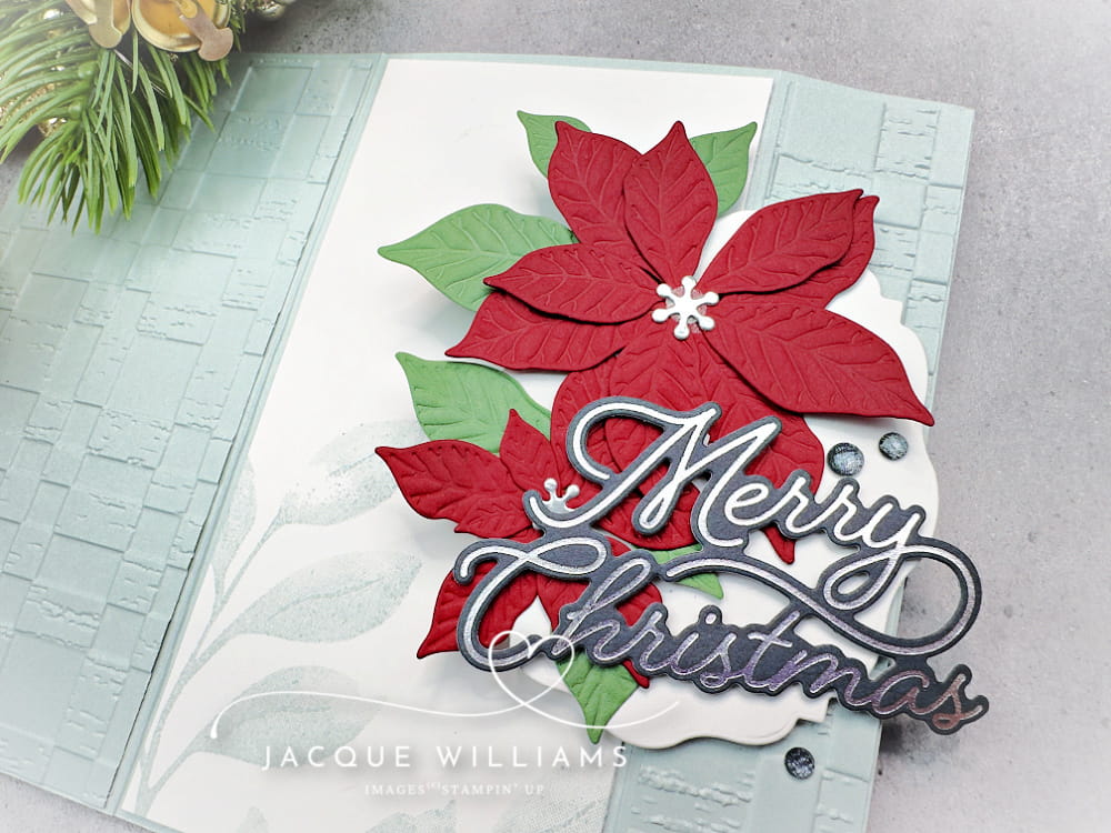 Create this easy fold back fun fold card with my free PDF download and demonstration video! with Pretty Poinsettias by Stampin' Up!