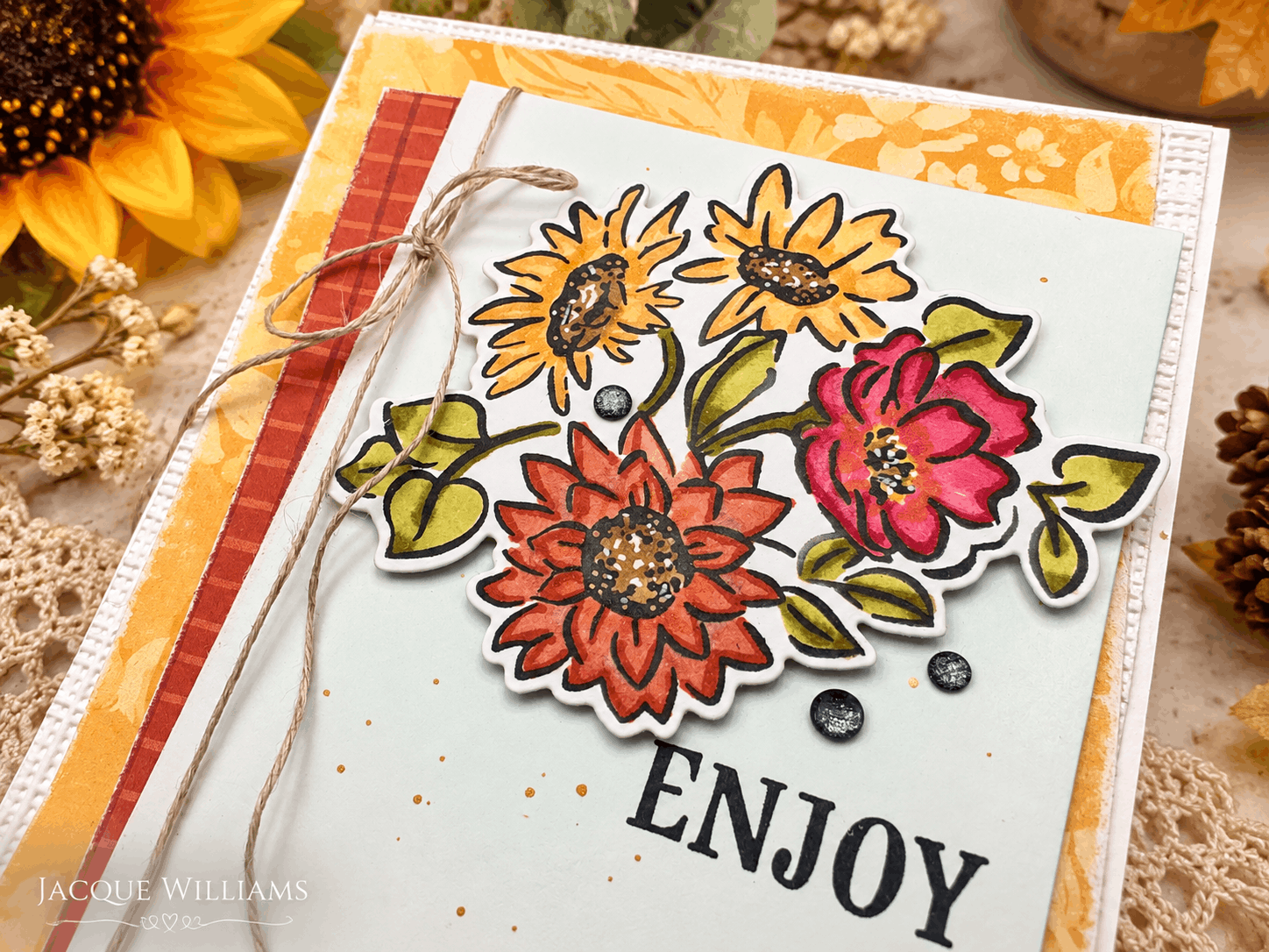 Radiant Sunflower handmade card with sanded edges, an embossed white cardstock background layer and twine for added texture and detail.