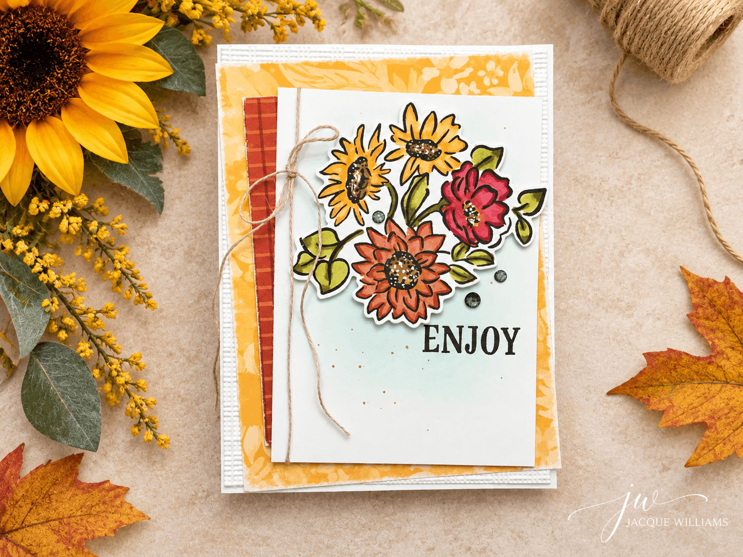 Radiant Sunflower handmade card with sanded edges, an embossed white cardstock background layer and twine for added texture and detail.